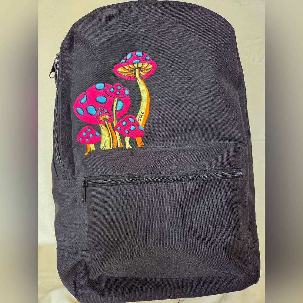 A-Lab Black Backpack with Pink Logo And Colorful Mushroom Graphic Excellent Cond